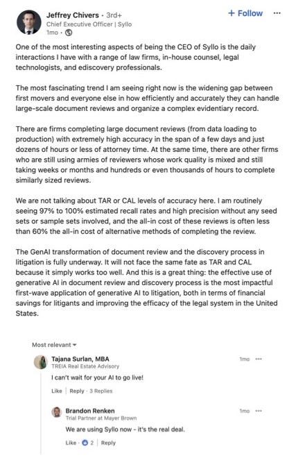 A LinkedIn post from Syllo's CEO, Jeffrey Chivers. One of the most interesting aspects of being the CEO of Syllo is the daily interactions I have with a range of law firms, in-house counsel, legal technologists, and ediscovery professionals...