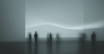 Ghostly silhouettes of people moving below an abstract light in a dark room.