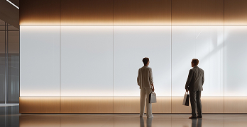 Two men in suits seen from behind, looking at a large, blank, backlit wall in a modern lobby.
