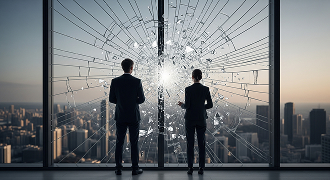 Two business people stand before a large shattered window overlooking a cityscape at sunset.