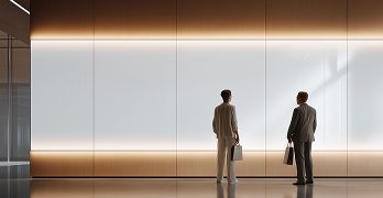 Two men in suits seen from behind, looking at a large, blank, backlit wall in a modern lobby.