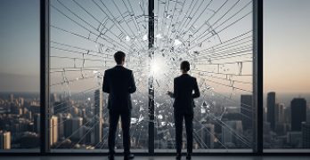Two business people stand before a large shattered window overlooking a cityscape at sunset.