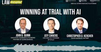Promotional graphic of Winning at Trial with AI, with hosts John Quinn, Jeff Chivers, Chris Kercher.